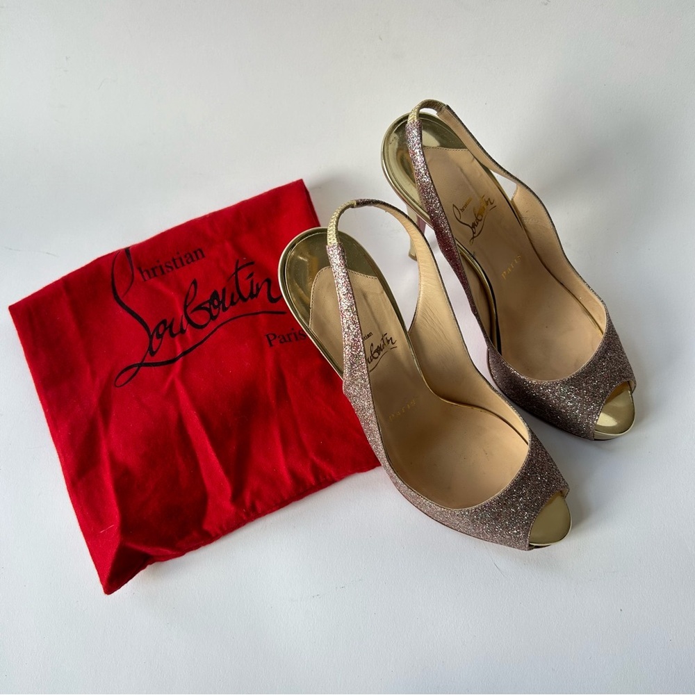 Christian Louboutin Lady Peep Slingback Peep Toe Glitter Heel sz 40 - Picture 2 of 16